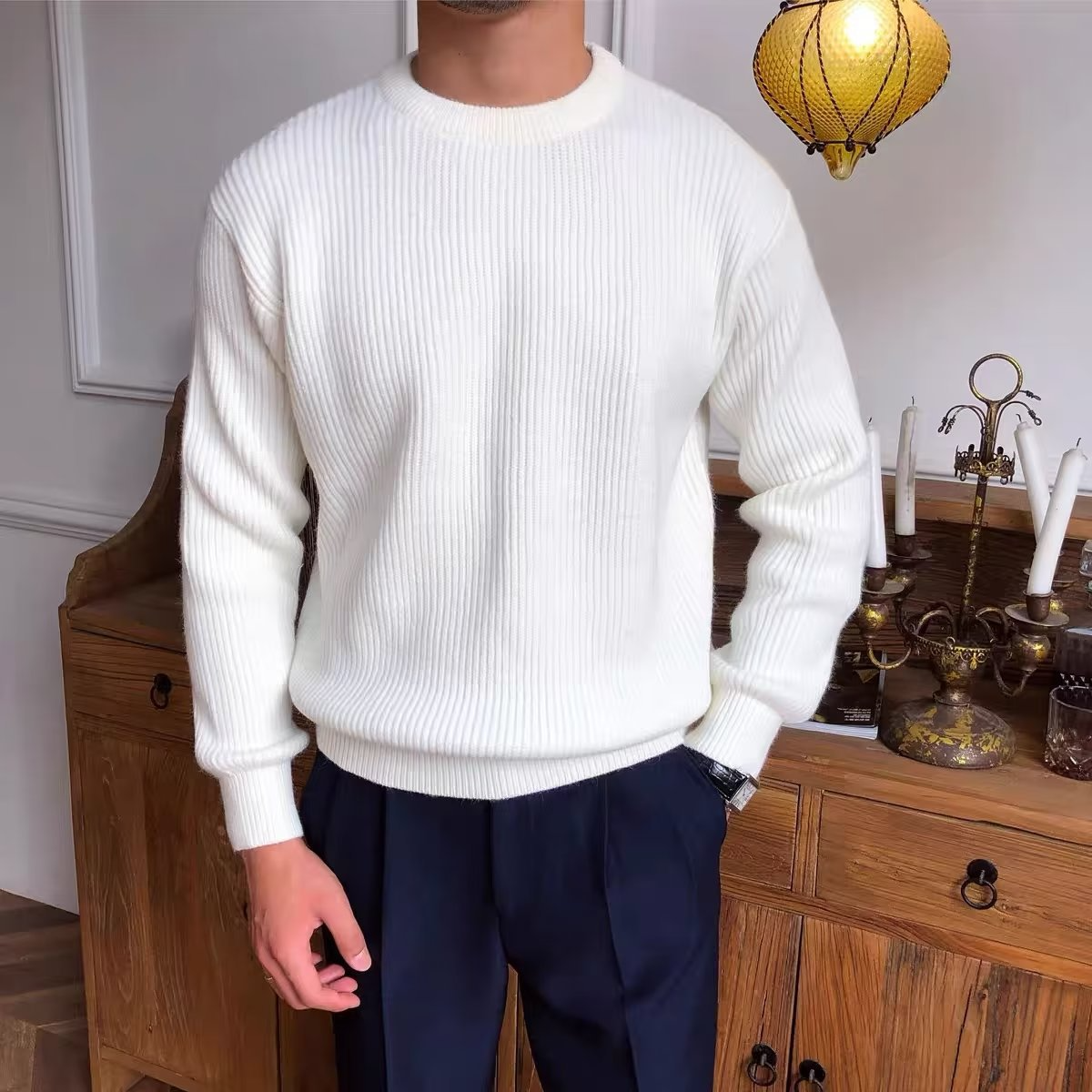 Knitted Jumper - Warm - Rib Knit - Knitted Sweater - Men's Knitwear-Sweaters-Chaps London-White-S-Chaps London