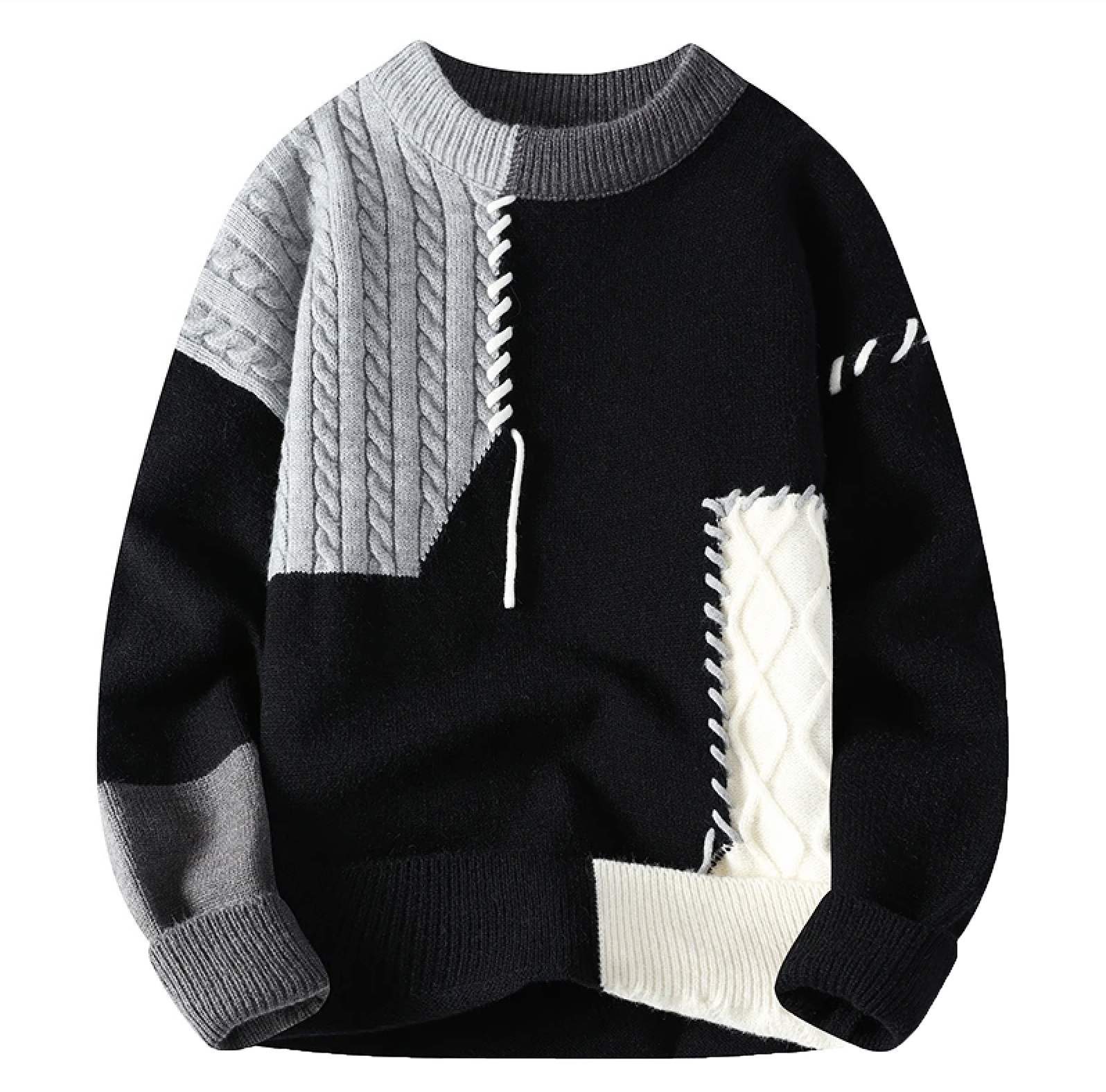 Knitted Sweater - Patchwork - Loose Fit - Pullover Sweater - Men's Knitted Jumper-Men's Long Sleeves-Chaps London-Black-S-Chaps London