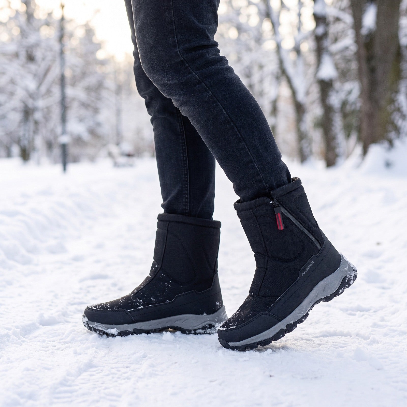 Black winter snow boot worn on person walking through snowy park | Chaps London