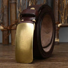 Leather Belt - Men's Full Grain Brass Plate Buckle-Men's Belt-Chaps London-Mahogany Brown-30-32-Chaps London