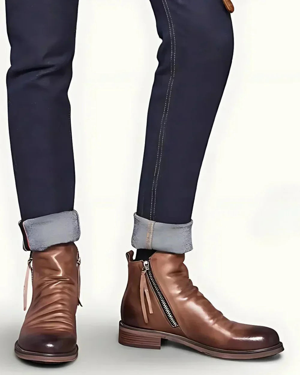 Brown leather ankle boots with side zippers, worn with cuffed navy jeans | Chaps London