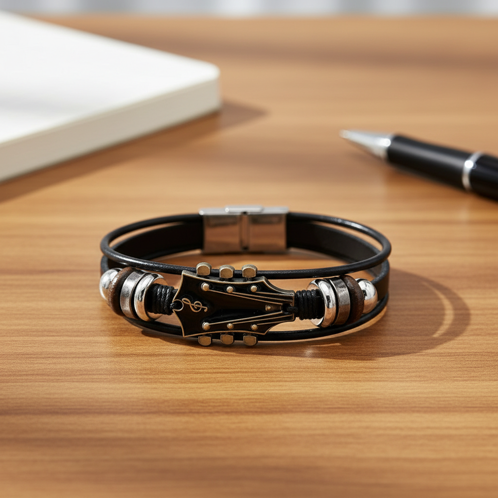 Leather Bracelet - Men's Guitar String Design Adjustable-Bracelet-Chaps London-Black-Chaps London