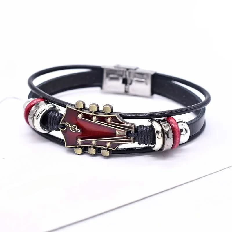 Leather Bracelet - Men's Guitar String Design Adjustable-Bracelet-Chaps London-Red-Chaps London