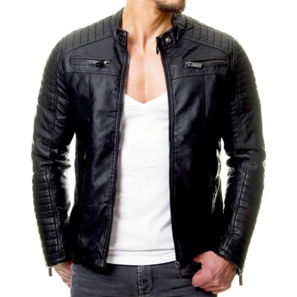 Leather Jacket - Men's Windproof Zip-Up Leather Biker Jacket-Men Jackets-Chaps London-Black-S-Chaps London