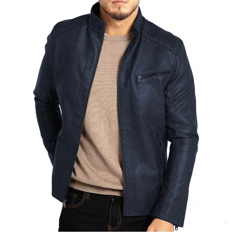 Leather Jacket - Men's Windproof Zip-Up Leather Biker Jacket-Men Jackets-Chaps London-Blue-S-Chaps London