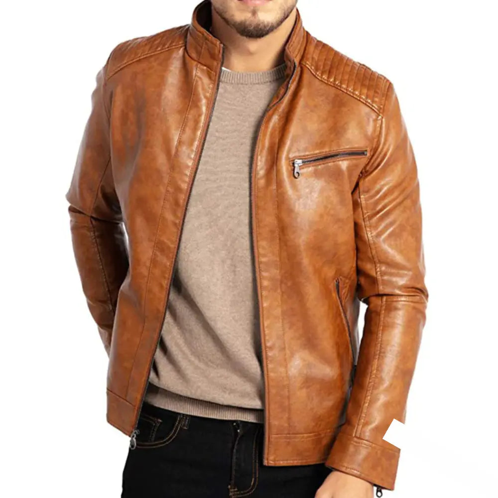 Leather Jacket - Men's Windproof Zip-Up Leather Biker Jacket-Men Jackets-Chaps London-Brown-S-Chaps London