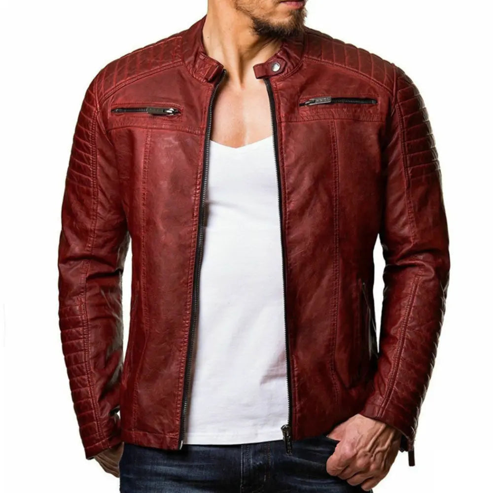 Leather Jacket - Men's Windproof Zip-Up Leather Biker Jacket-Men Jackets-Chaps London-Red-S-Chaps London