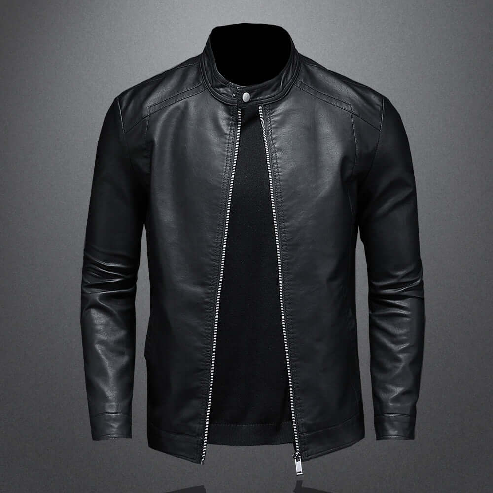 Leather Jacket - Men's Zip-Up Moto Biker Jacket-Coats & Jackets-Chaps London-Black-M-Chaps London