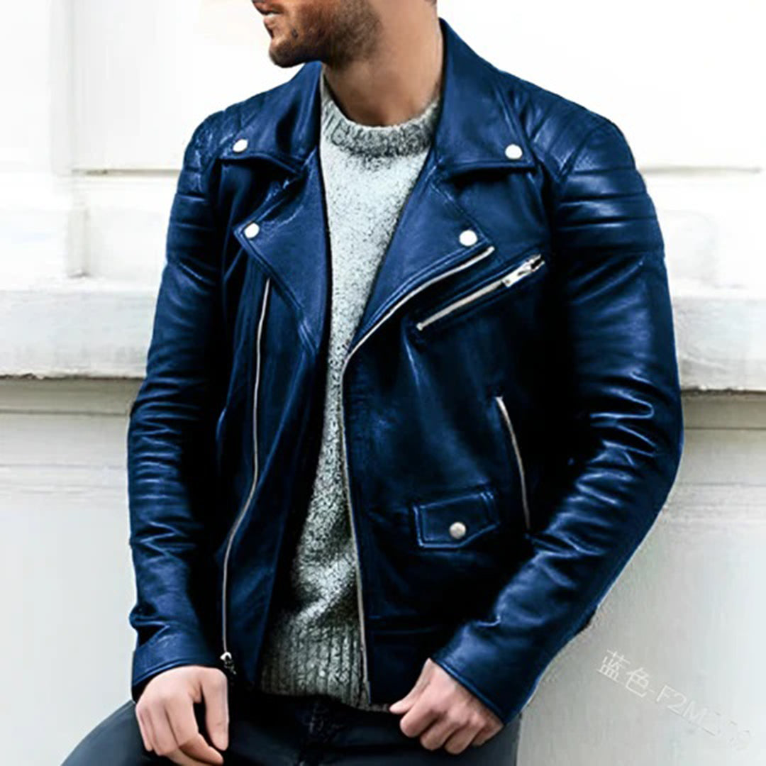 Leather Jacket - Men's Zip Up Motorcycle Biker-Fashion Men Jacket Biker Fall-Chaps London-Blue-S-Chaps London