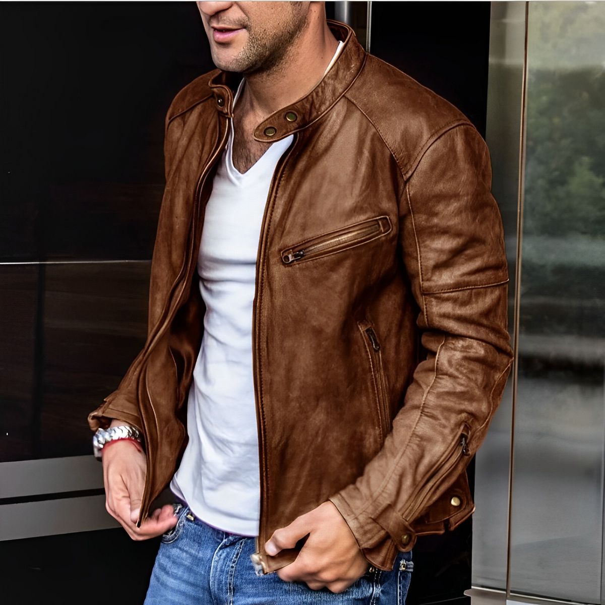 Leather Jacket - Vintage Zip Up Men's Biker Jacket-Jassen_M-Chaps London-Brown-XS-Chaps London