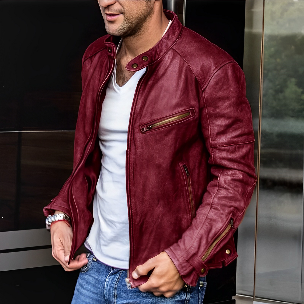 Leather Jacket - Vintage Zip Up Men's Biker Jacket-Jassen_M-Chaps London-Red-XS-Chaps London