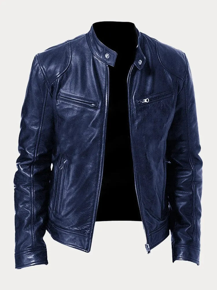 Leather Jacket | Zip-Up | Regular Fit | Biker Jacket | Men's Leather Jacket -Men’s Leather Jacket-Chaps London-Navy Blue-S-Chaps London