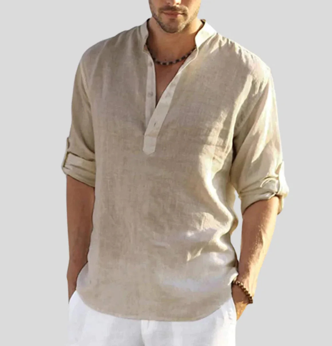 Linen Shirt - Cotton - Half-button - Men's Shirt - Linen Clothing For Men-Shirts-Chaps London-Beige-XS-Chaps London