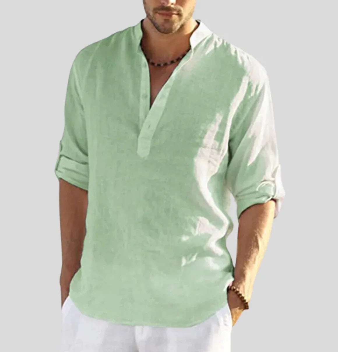 Linen Shirt - Cotton - Half-button - Men's Shirt - Linen Clothing For Men-Shirts-Chaps London-Light Green-XS-Chaps London