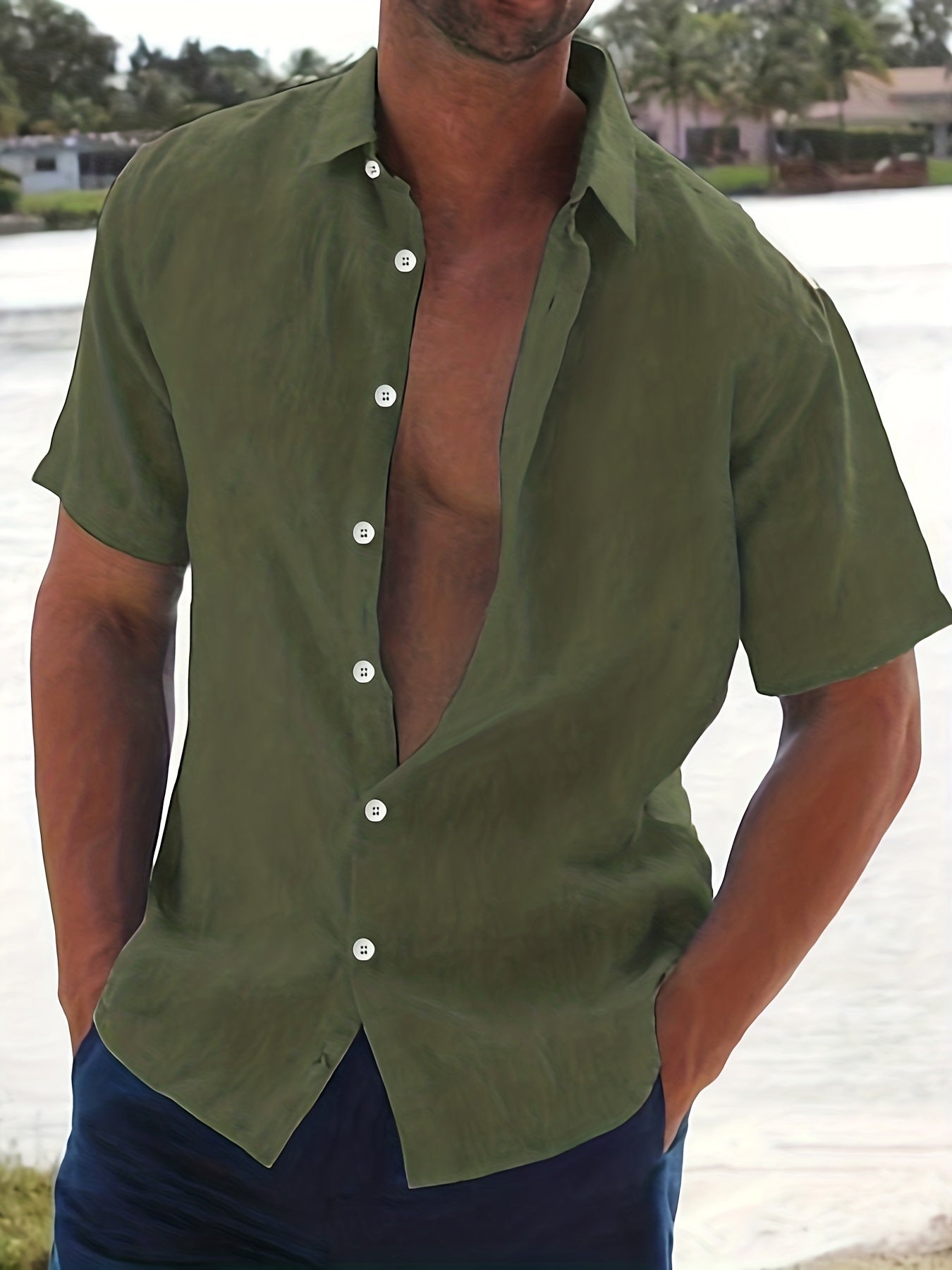 Linen Shirt - Cotton - Short Sleeve - Button-Up Shirt - Men's Clothing-Men Shirts-Chaps London-Army Green-M-Chaps London