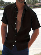 Linen Shirt - Cotton - Short Sleeve - Button-Up Shirt - Men's Clothing-Men Shirts-Chaps London-Black-M-Chaps London