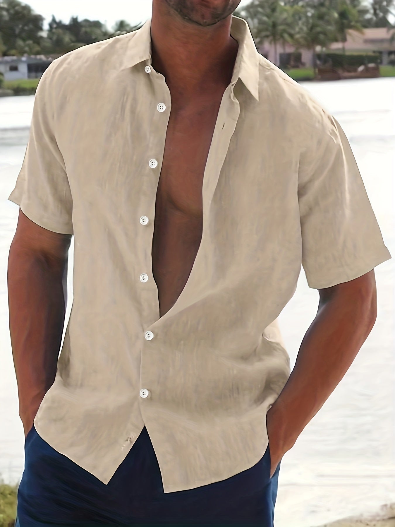 Linen Shirt - Cotton - Short Sleeve - Button-Up Shirt - Men's Clothing-Men Shirts-Chaps London-Khaki-M-Chaps London