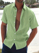 Linen Shirt - Cotton - Short Sleeve - Button-Up Shirt - Men's Clothing-Men Shirts-Chaps London-Light Green-M-Chaps London