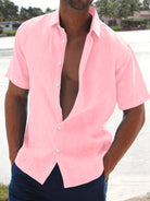 Linen Shirt - Cotton - Short Sleeve - Button-Up Shirt - Men's Clothing-Men Shirts-Chaps London-Pink-M-Chaps London