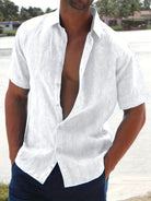 Linen Shirt - Cotton - Short Sleeve - Button-Up Shirt - Men's Clothing-Men Shirts-Chaps London-White-M-Chaps London