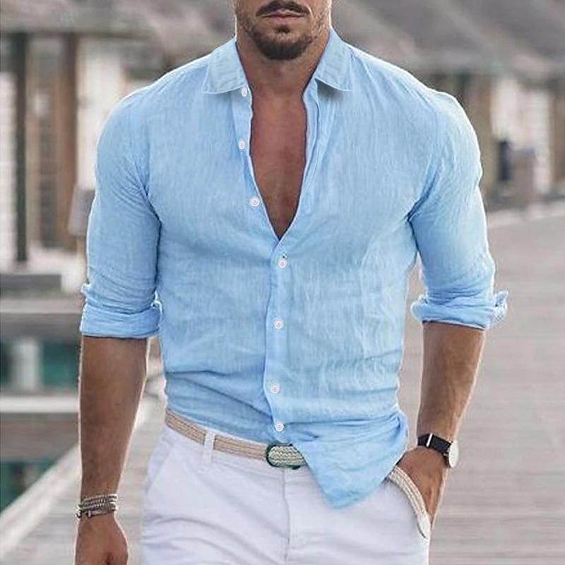 Linen Shirt - Long Sleeve - Lightweight - Button-Up Shirt - Men's Shirts-Men's Top-Chaps London-Blue-S-Chaps London
