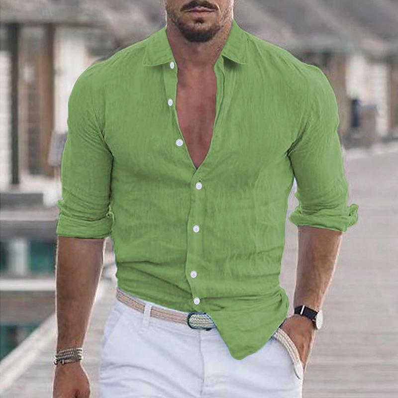 Linen Shirt - Long Sleeve - Lightweight - Button-Up Shirt - Men's Shirts-Men's Top-Chaps London-Green-S-Chaps London