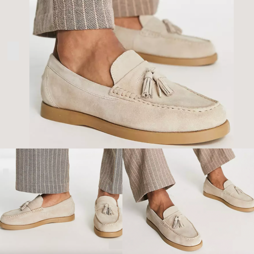 Loafers - Men's Beige Slip-On Tassel Leather Loafers-Loafers-Chaps London-Chaps London