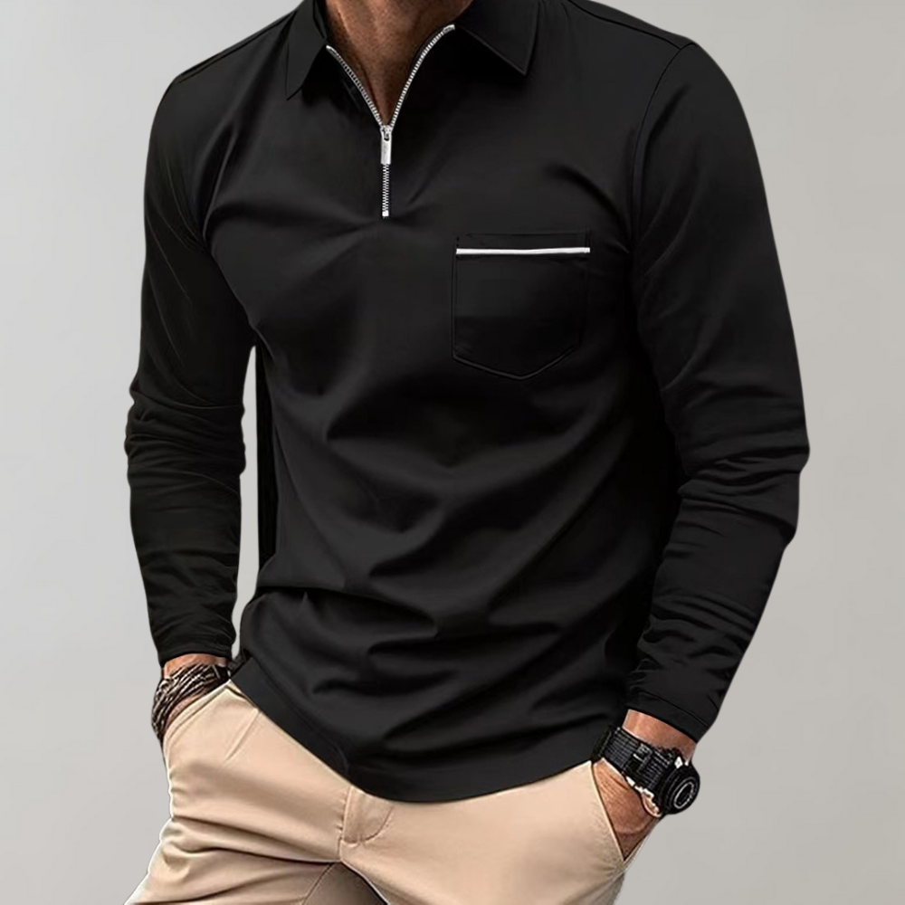Long Sleeve Polo Shirt - Men's Collared Quarter Zip Polo Shirt-Men Summer Shirt-Chaps London-Black-S-Chaps London
