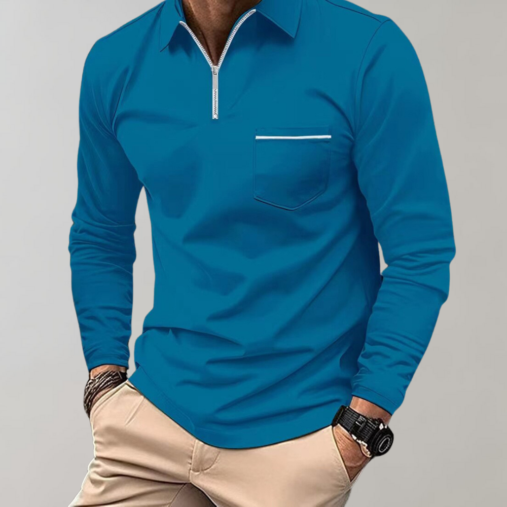 Long Sleeve Polo Shirt - Men's Collared Quarter Zip Polo Shirt-Men Summer Shirt-Chaps London-Blue-S-Chaps London