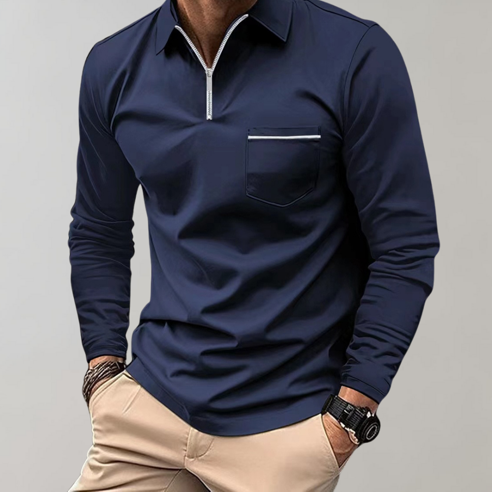 Long Sleeve Polo Shirt - Men's Collared Quarter Zip Polo Shirt-Men Summer Shirt-Chaps London-Navy Blue-S-Chaps London