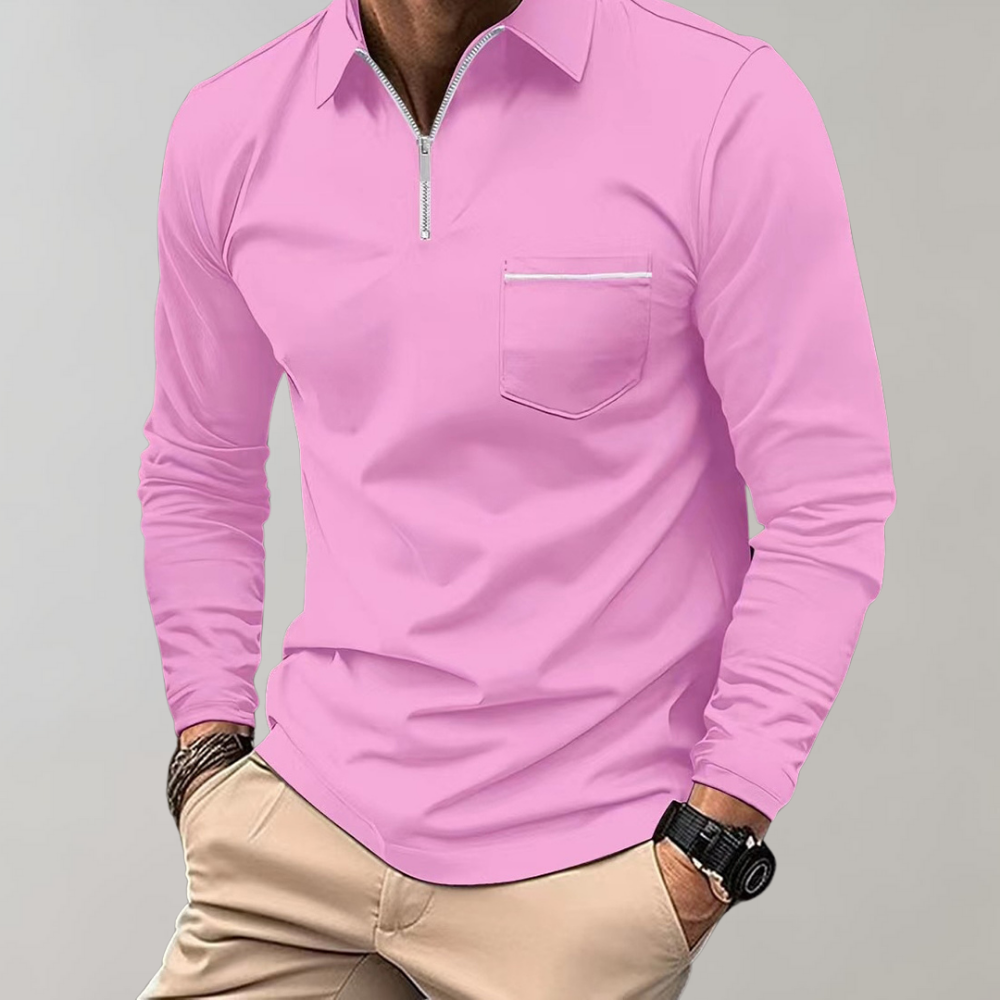 Long Sleeve Polo Shirt - Men's Collared Quarter Zip Polo Shirt-Men Summer Shirt-Chaps London-Pink-S-Chaps London