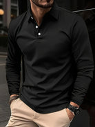 Long Sleeve Polo Shirt - Men's Plain Button Neck-Men's Long-Sleeve Polo Shirt-Chaps London-Black-S-Chaps London