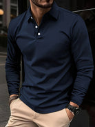 Long Sleeve Polo Shirt - Men's Plain Button Neck-Men's Long-Sleeve Polo Shirt-Chaps London-Dark Blue-S-Chaps London