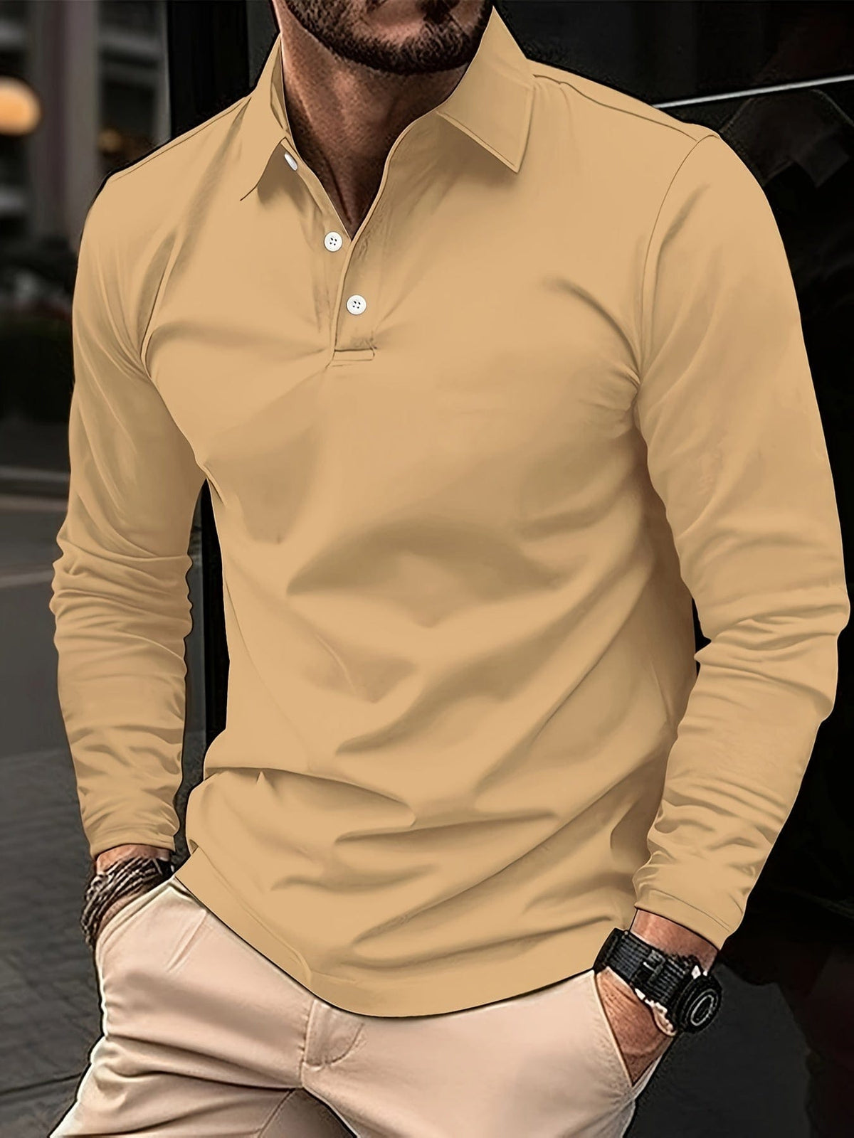 Long Sleeve Polo Shirt - Men's Plain Button Neck-Men's Long-Sleeve Polo Shirt-Chaps London-Khaki-S-Chaps London