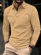 Long Sleeve Polo Shirt - Men's Plain Button Neck-Men's Long-Sleeve Polo Shirt-Chaps London-Khaki-S-Chaps London
