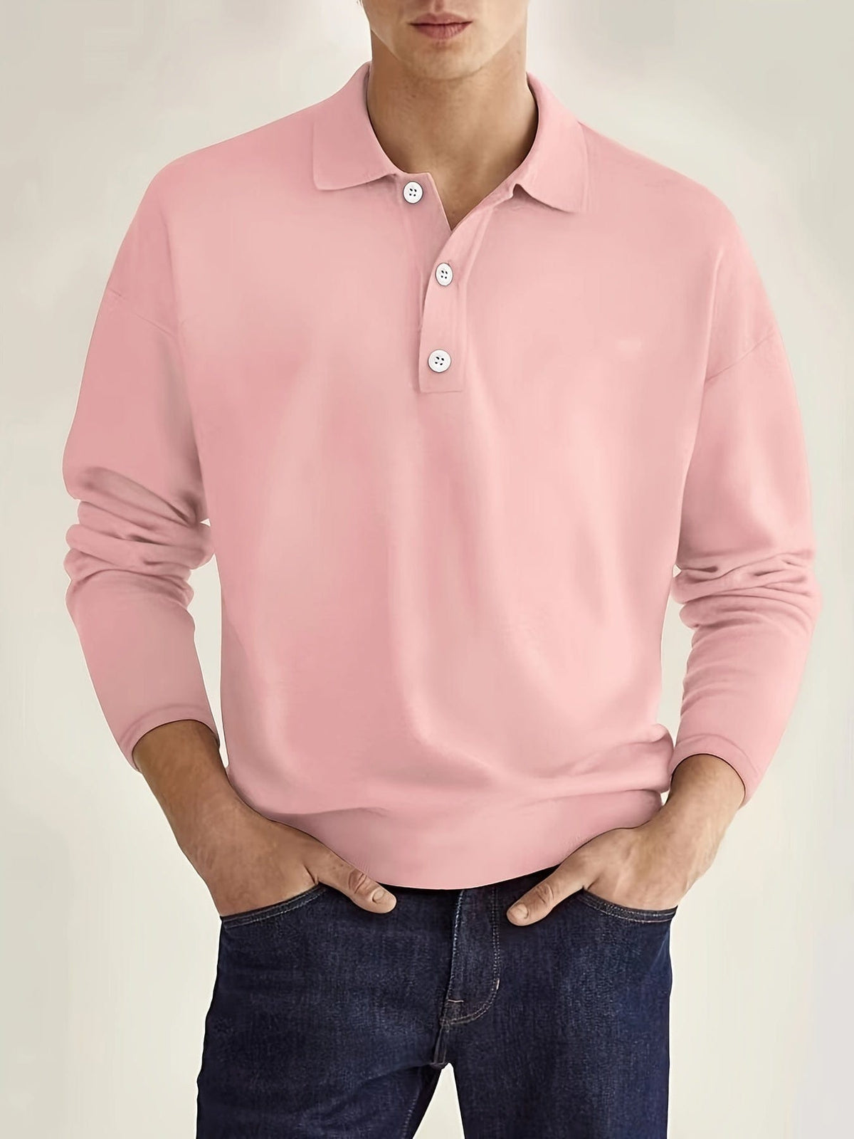 Long Sleeve Polo Shirt - Men's Plain Button Neck-Men's Long-Sleeve Polo Shirt-Chaps London-Pink-S-Chaps London