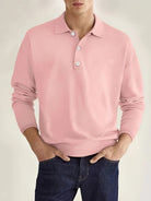 Long Sleeve Polo Shirt - Men's Plain Button Neck-Men's Long-Sleeve Polo Shirt-Chaps London-Pink-S-Chaps London
