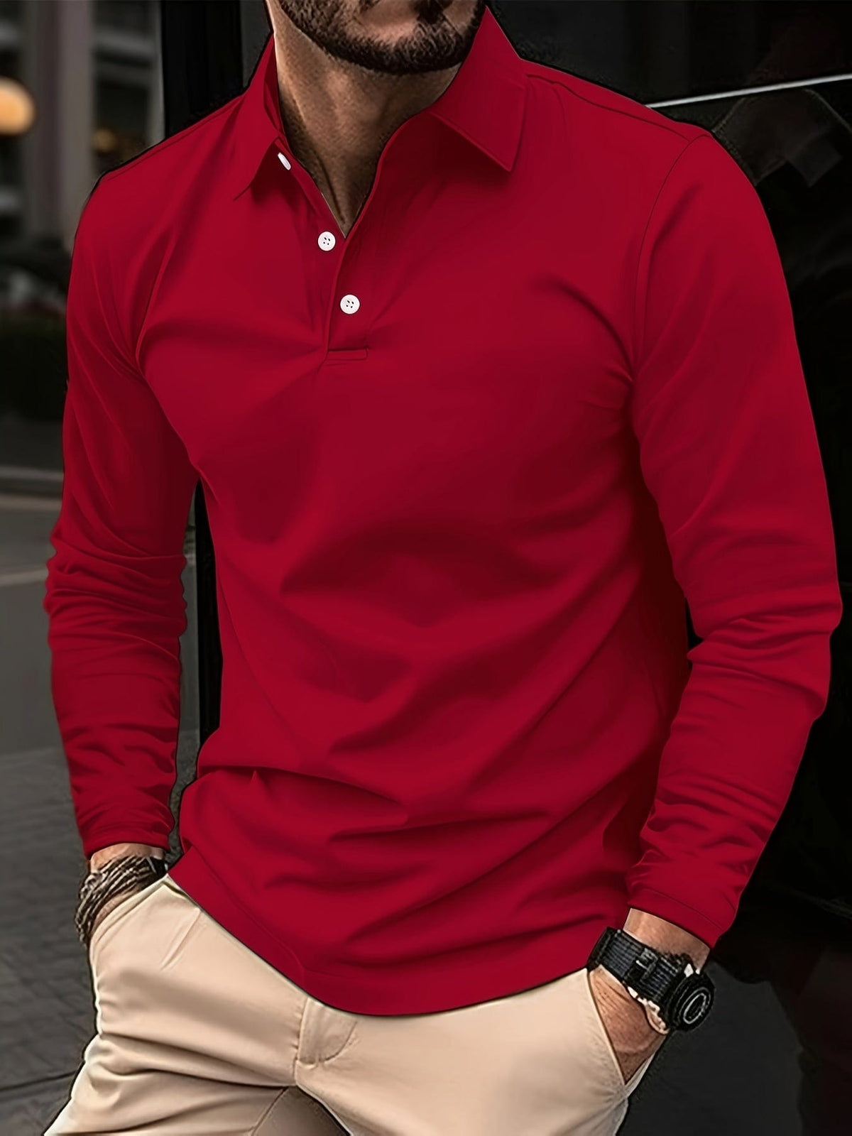 Long Sleeve Polo Shirt - Men's Plain Button Neck-Men's Long-Sleeve Polo Shirt-Chaps London-Red-S-Chaps London