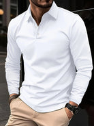 Long Sleeve Polo Shirt - Men's Plain Button Neck-Men's Long-Sleeve Polo Shirt-Chaps London-White-S-Chaps London