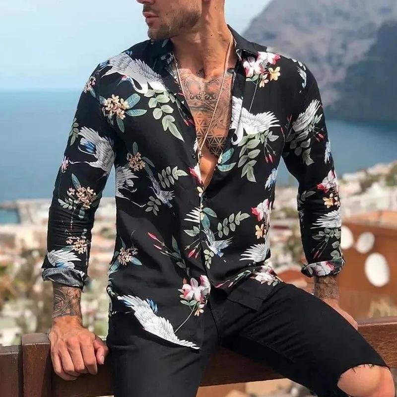Long Sleeve Shirt - Printed - Button-Up - Hawaiian Shirt - Men's Shirt-Men's Hawaiian Shirt-Chaps London-Black-S-Chaps London