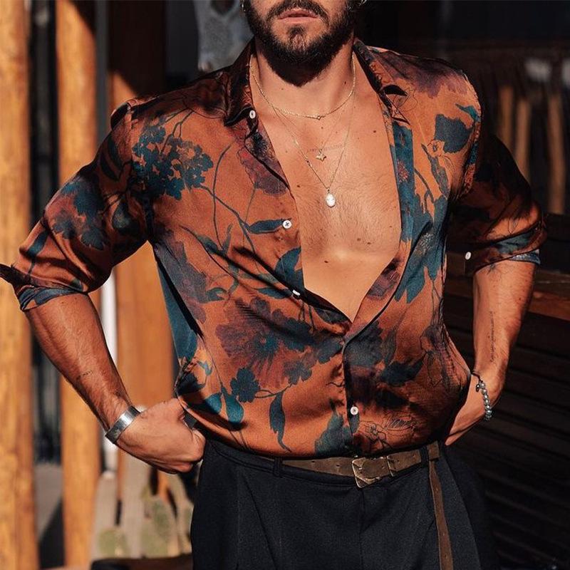 Long Sleeve Shirt - Printed - Button-Up - Hawaiian Shirt - Men's Shirt-Men's Hawaiian Shirt-Chaps London-Orange-S-Chaps London