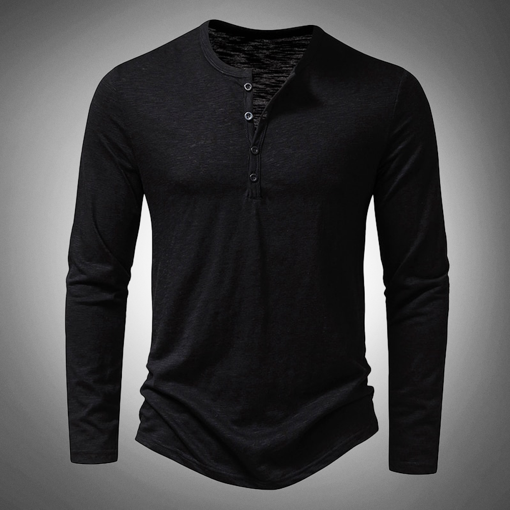 Long Sleeve T-Shirt - Cotton - Quarter Button - Plain Long Sleeve Shirts - Men's Clothing-New Arrivals-Chaps London-Black-S-Chaps London