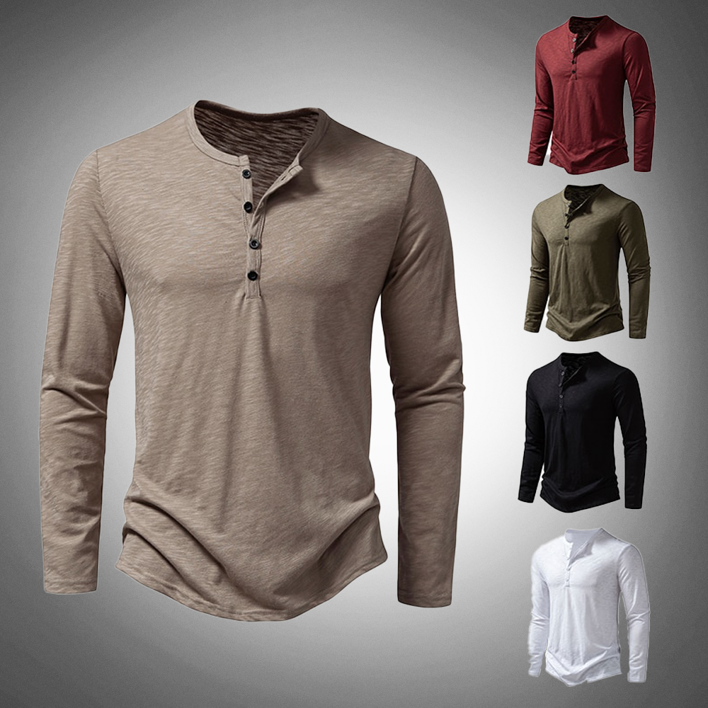 Long Sleeve T-Shirt - Cotton - Quarter Button - Plain Long Sleeve Shirts - Men's Clothing-New Arrivals-Chaps London-Chaps London
