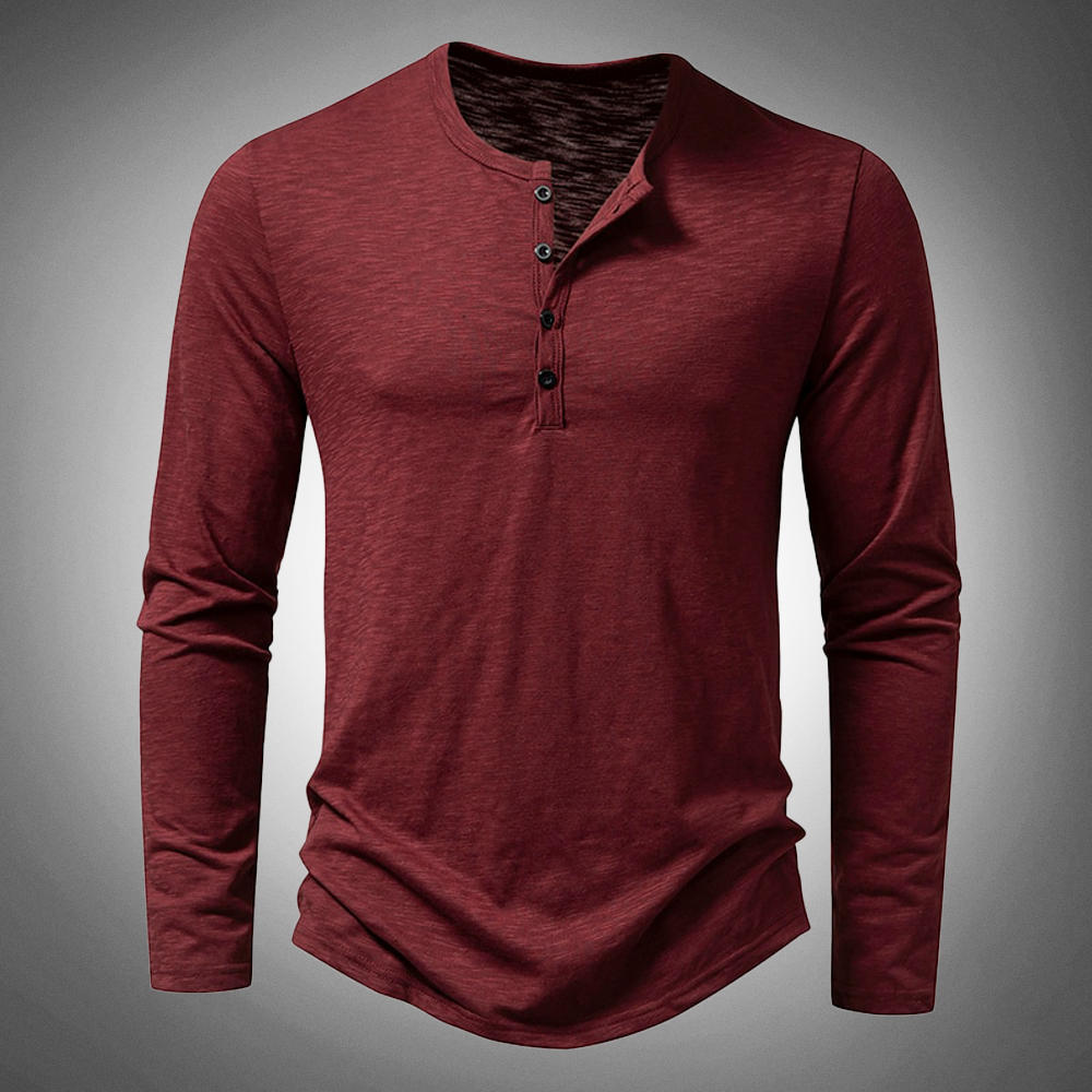 Long Sleeve T-Shirt - Cotton - Quarter Button - Plain Long Sleeve Shirts - Men's Clothing-New Arrivals-Chaps London-Red-S-Chaps London