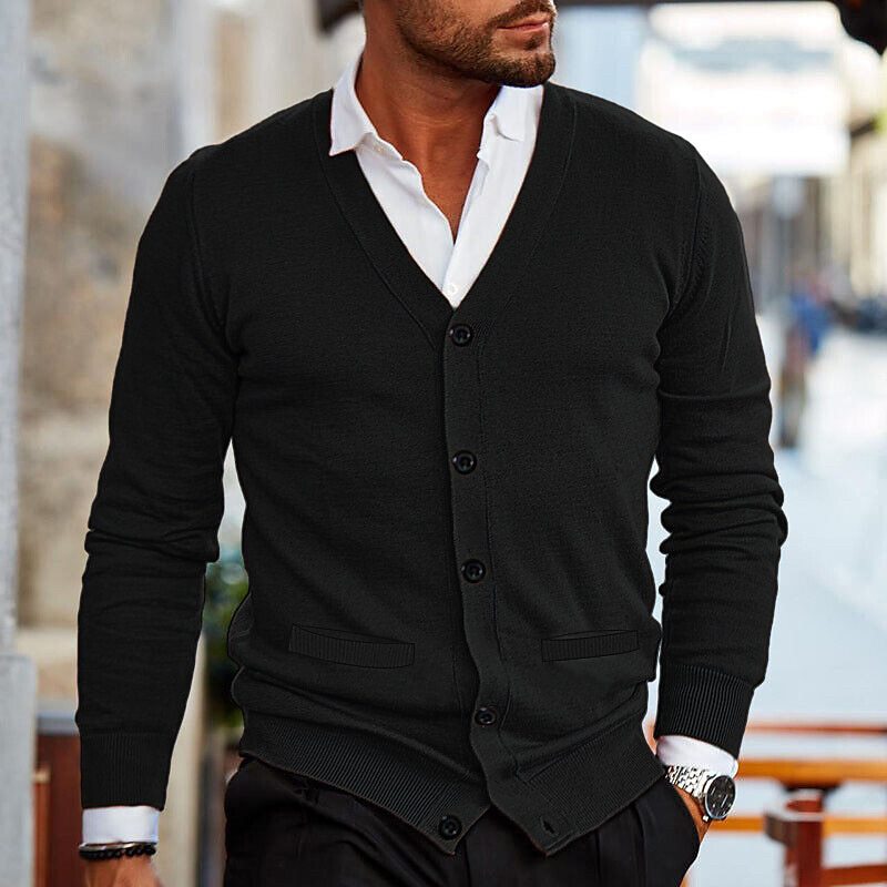 Men's Cardigan - V-Neck - Button-Up - Knit Cardigan - Cardigan Sweater-Chaps London-Black-S-Chaps London