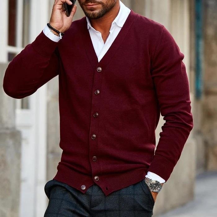Men's Cardigan - V-Neck - Button-Up - Knit Cardigan - Cardigan Sweater-Chaps London-Dark Red-S-Chaps London