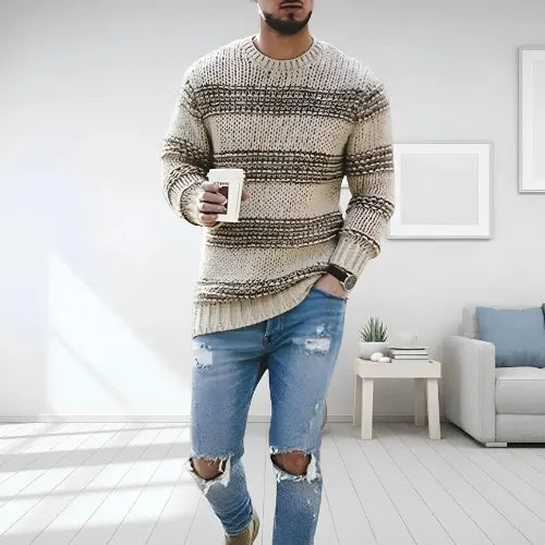 Men's Knitted Jumper| Crew Neck | Long Sleeve | Pullover Sweater | Knit Sweater -Tops en Shirts Heren-Chaps London-Beige-S-Chaps London