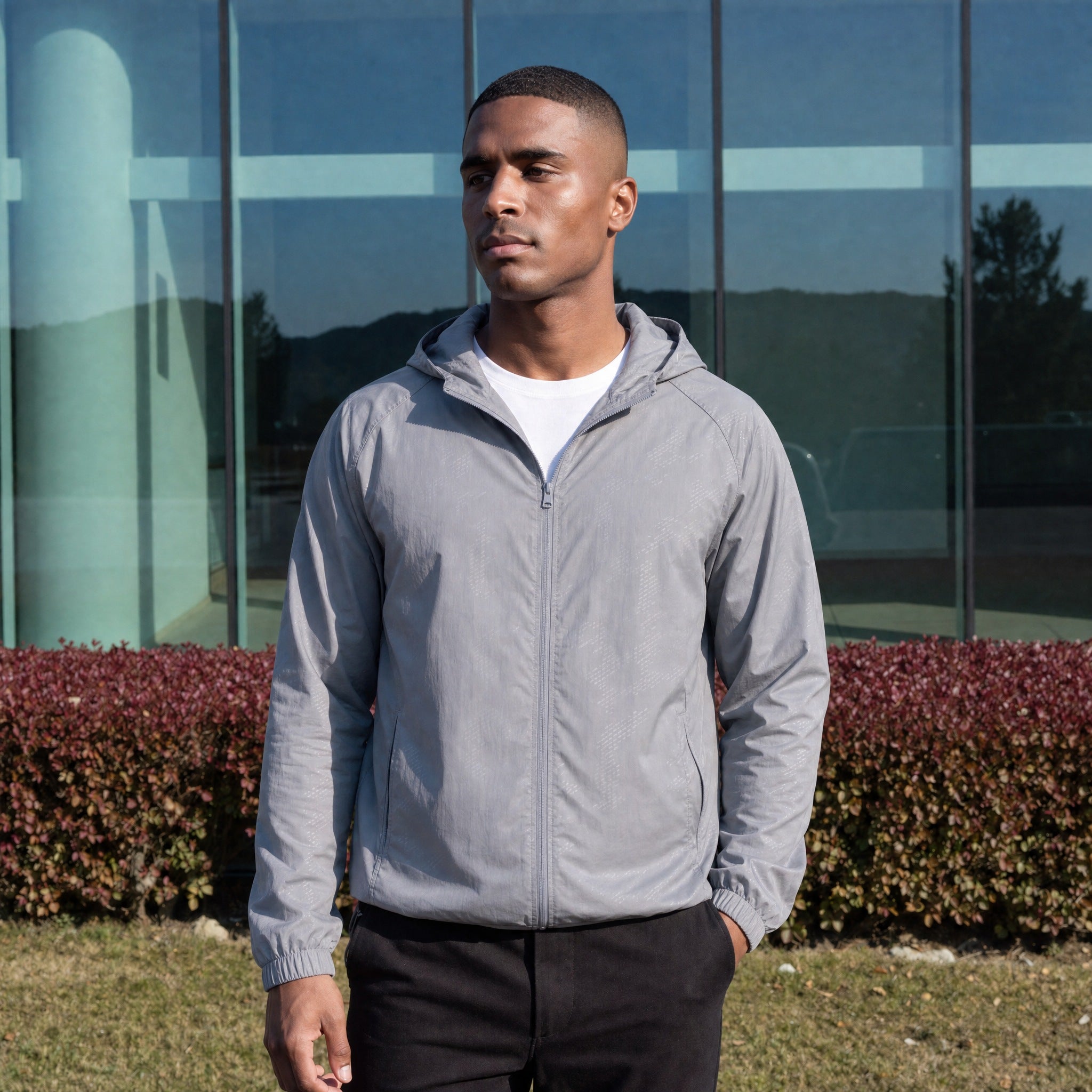 Men's lightweight hooded windbreaker jacket in grey