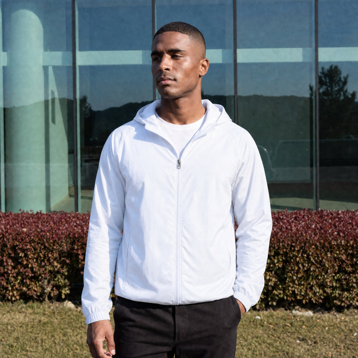 Men's lightweight hooded windbreaker jacket in white