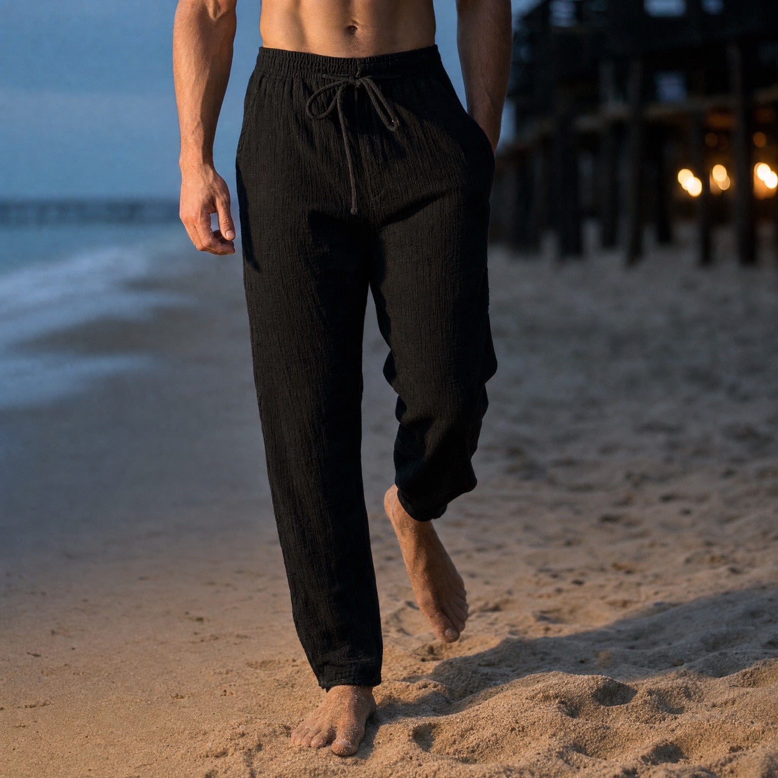 Men's Linen Trousers - Elastic Waist Drawstring Summer Trousers-Trousers-Chaps London-Black-XS-Chaps London